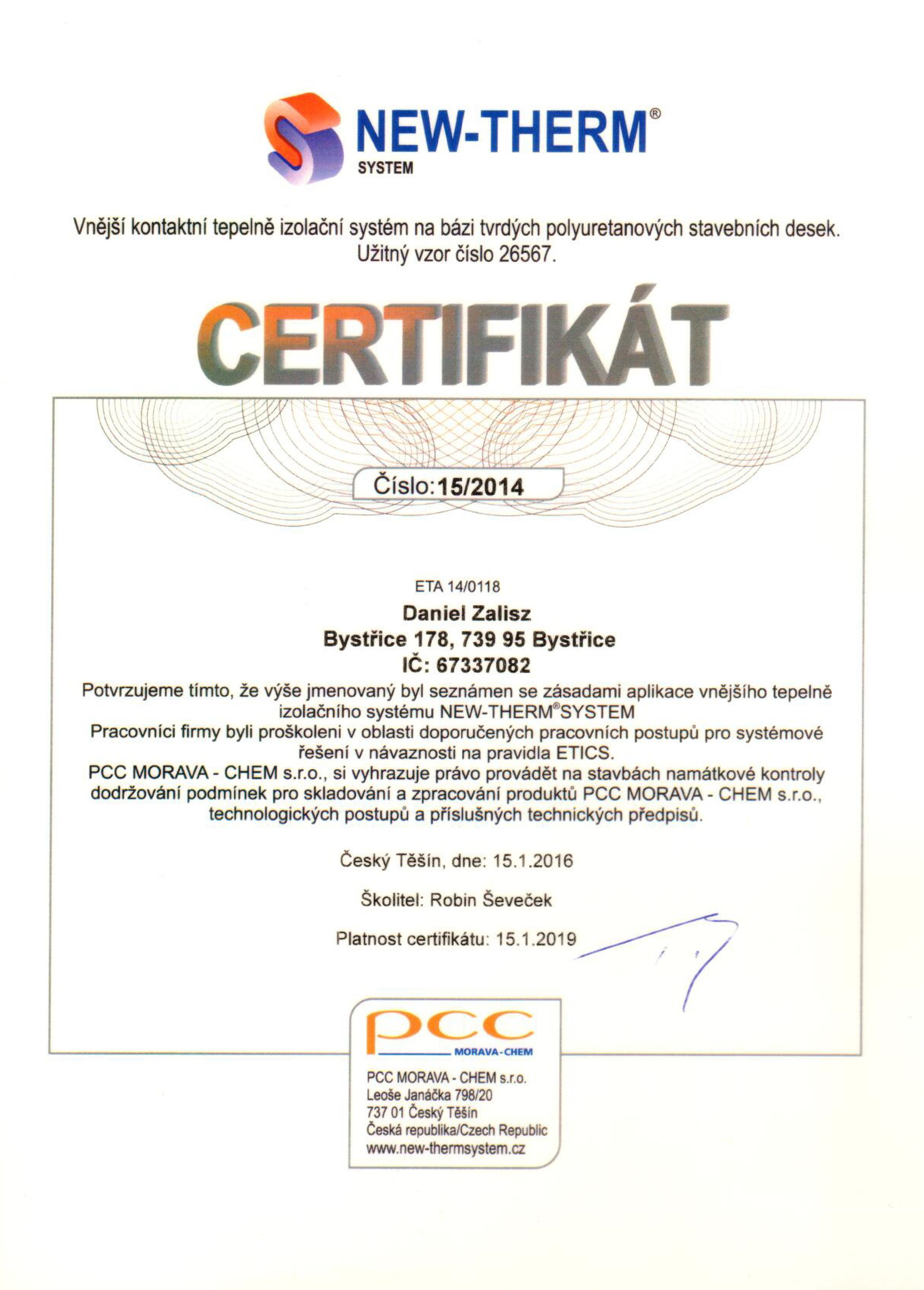 certifikat_daniel_zalisz_new-therm_trinec
